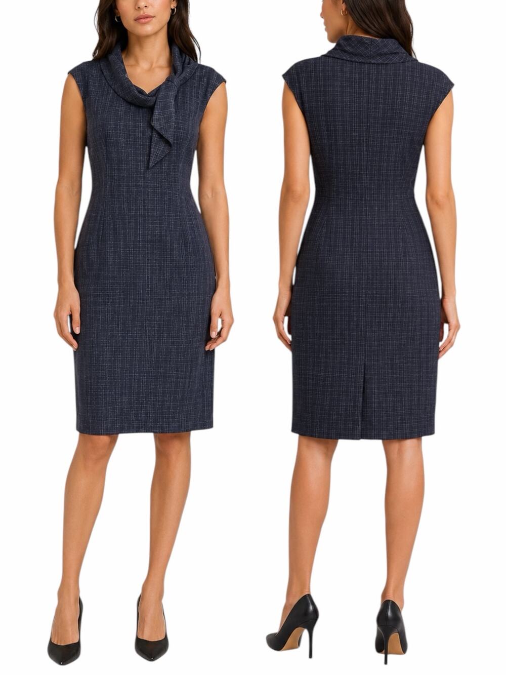 Classiques Entier Check Sheath Dress Bow Neck Gray Brown Size 6